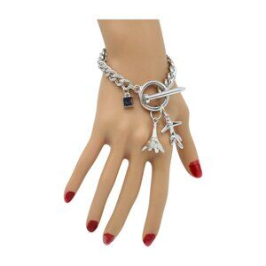 Women Silver Metal Chain Bracelet Airplane Eifel Tower Charms France Vacation